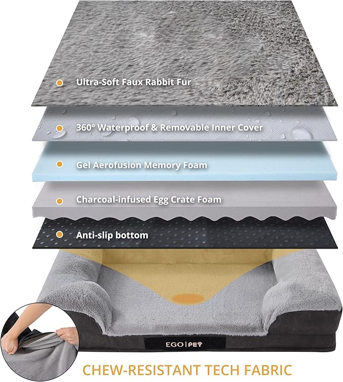 EGOHOME Durable Orthopedic Dog Bed for Large Dogs,Memory Foam Pet Bed with Sides, Non-Slip and Egg-Crate Charcoal Foam Dog Couch Bed with Waterproof Liner&Washable Removable Cover, Grey,41x27x6.5 Inch