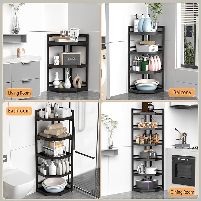 6 Tier Standing Corner Shower Caddy,Waterproof and Rust Proof,Adjustable Height,Multi-functional Tiered Storage for Shower Gel,Shampoo,Cosmetics,Kitchen Supplies,Black