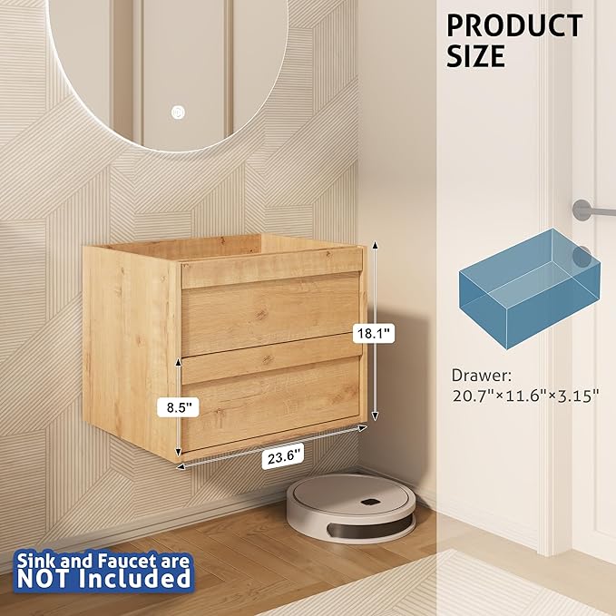 eclife 24" Floating Bathroom Vanity Sink Combo, Wall Mounted Modern Minimalist Storage Cabinet with 2 Drawers, Exclude Sink, Faucet & Drain, Natrual