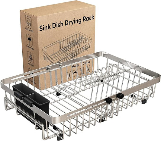 MAJALiS Small Expandable Over The Sink Dish Drying Rack Drainer In Stainless Steel Metal For Kitchen, Counter Space Saving Compact Plate Dryer Strainer Adjustable Hanging Inside Sink Wire Drain Holder