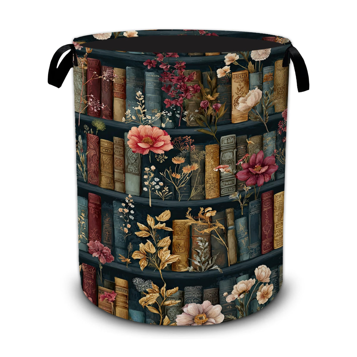 Vintage Bookshelf Flowers Laundry Basket,Foldable Oxford - Image 1