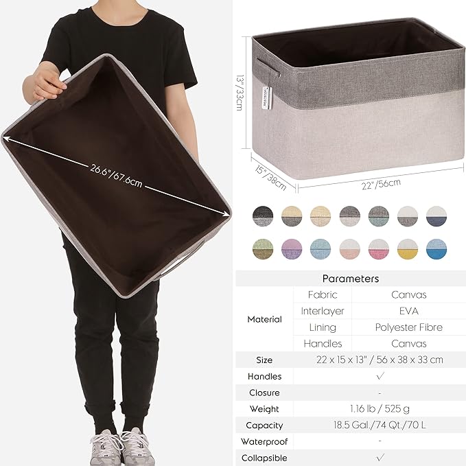 Sea Team 3-Pack Extra Large Storage Basket Set, Trunk Organizer, Clothes Toys Bin, 22 x 15 x 13 Inches, Rectangular Canvas Fabric Collapsible Shelf Box with Handles for Kids Room (Olive/Lime)