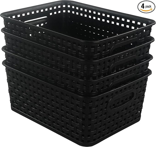 Morcte Black Plastic Storage Basket Bins Organizer, 4-Pack