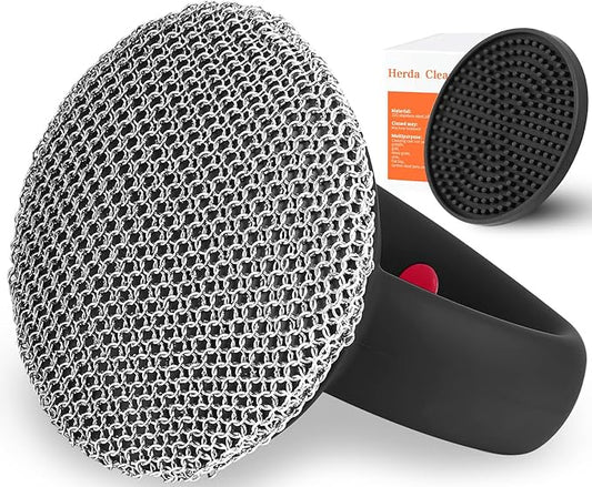 Cast Iron Cleaner Scrubber+Tray with Handle, Welded Chainmail Scrubber for Pan Pot Grill Oven Wok Cleaning- Small Ring Chain Scrub Metal Scraper Brush Iron Skillet Steel Wool Scrubber Steel Sponge