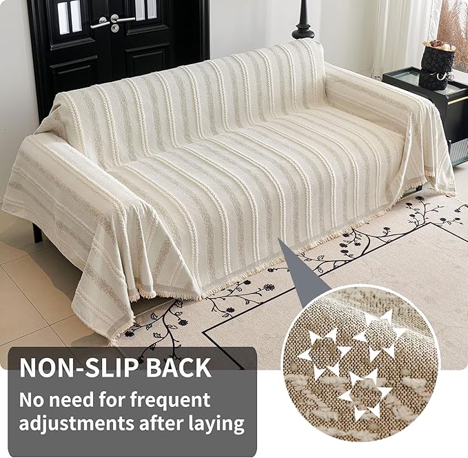 HAOMAIJIA Non Slip Couch Cover Sofa Covers for 3 Cushion Couch Washable sectional Couch Covers for Dogs pet Furniture Protector Couch Cover Blanket for Living Room (TM-Cream White, 91"x134")