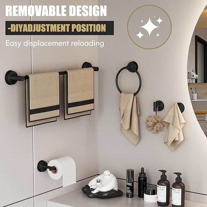 BKV Suction Cup Towel Ring,Hand Towel Holder for Bathroom,Stainless Steel Heavy Duty Round Towel Hanger for Bath,Kitchen-Matte Black