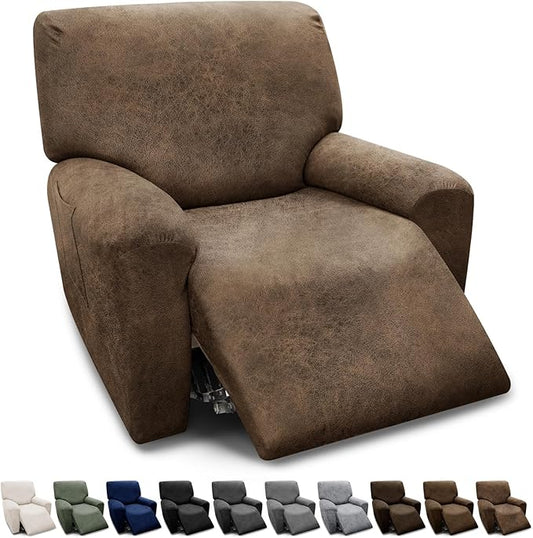 Chair Covers 4-Pieces Recliner Chair Covers 1 Seater Cover for Recliner Chair Leather Look Recliner Slipcovers with Pockets Spandex Fabric Furniture Covers(XL Recliner, Light Brown)
