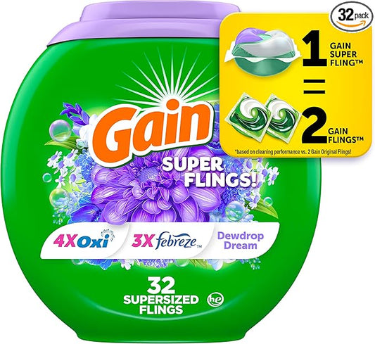 Gain Super Flings Laundry Detergent Pacs, 32 Count, Dewdrop Dream scent, irresistibly clean and fresh washing detergent laundry soap pacs