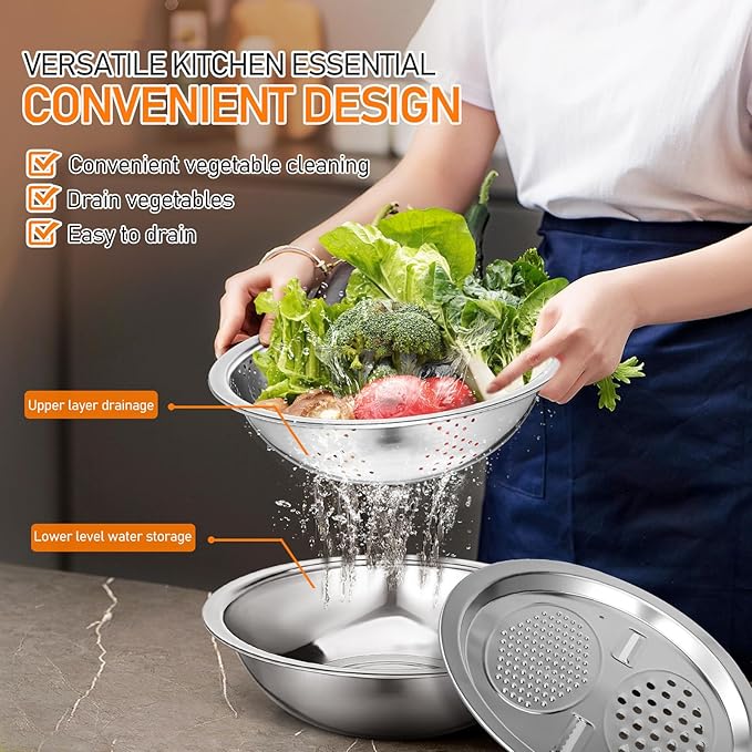 Stainless Steel Wash Basin with Drain Basket and Built-in Shredder Slicer Multifunctional Kitchen Colander for Washing and Draining Fruits and Vegetables 10X10X2.7 Inches