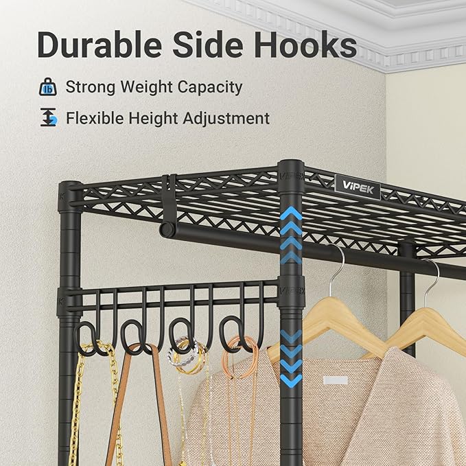 VIPEK R2C Plus Heavy Duty Rolling Garment Racks with Cover Clothing Rack for Hanging Clothes Portable Closet with Adjustable Wire Shelving & Double Rods, Black Rack with Black Upgarded Polyester Cover
