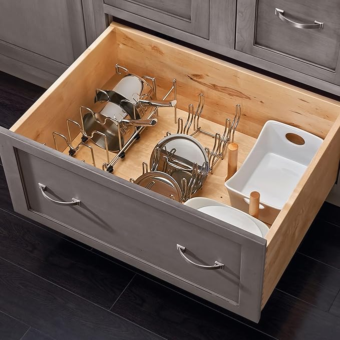 Rev-A-Shelf Drop-In Pot and Pan Drawer Organizer Storage Rack for 4DPS & 4DPG Model Peg Boards, Adjustable Divider for Cookware, Chrome, 5DCD-1-CR