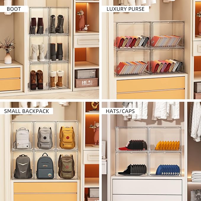 5 Pack Stackable Storage Bins with Lids, White Plastic Storage Container with Clear Lids, Clear Display Case with Magnetic Door for Purse, Handbag, Figure, Collectibles, Doll, Bag, 14.2"x8.66x10.6"