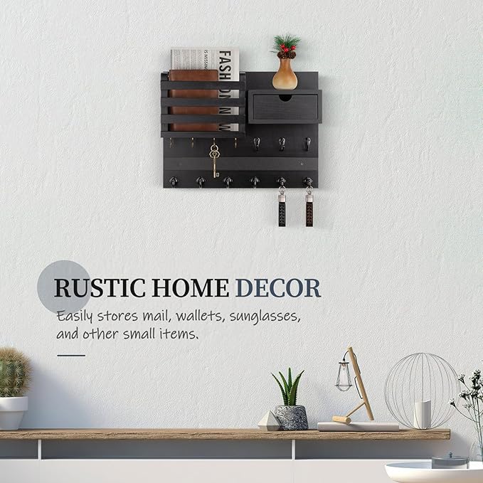 Nekon Key Holder Wall Mount, Rustic Mail and Keys Shelf for Wall Organization with 13 Hooks, Home Decor Accessory with Drawer, Black