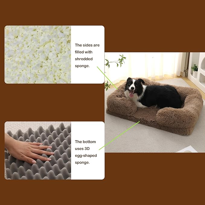 Orthopedic Dog Bed for XL Dogs - Washable Memory Foam Pet Sofa, Fluffy Plush Rectangular Bed, Waterproof Anti-Anxiety Couch, Khaki, XL