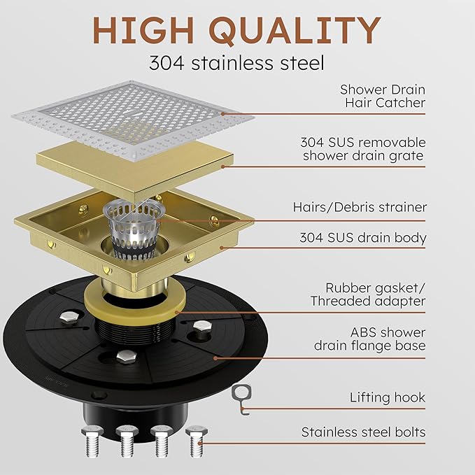 4 Inch Gold Square Shower Drain Kit with Flange,Modern Floor Drain with 2-in-1 Cover Tiled Insert Grate,Stainless Steel SUS 304
