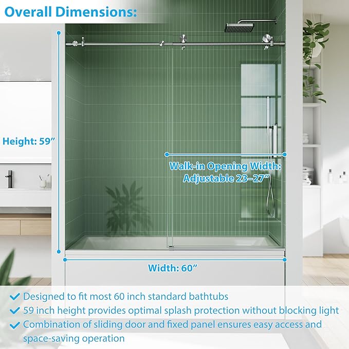 Frameless Bathtub Shower Door, 56–60 inch W x 59 inch H Sliding Tub Door, 6mm Tempered Glass, Stainless Steel Round Rail & 55 Rollers, One Fixed and One Sliding Panel, Brushed Nickel