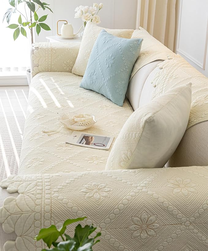 Cotton Quilted Dog Couch Cover for Sofa Farmhouse Rustic Embroidery Sectional Couch Cover Soft Anti-Slip Sofa Slipcover Furniture Protector for Kids, Pets (Ivory,36"x82")