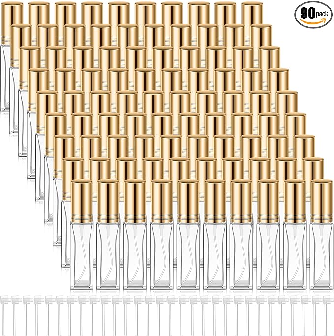 Domensi 90 Pcs 8 ml Empty Glass Perfume Bottles Bulk - Gold Refillable Cologne Spray Atomizer with Pump, for Travel, Skincare, Haircare, Cleaning & DIY Essentials