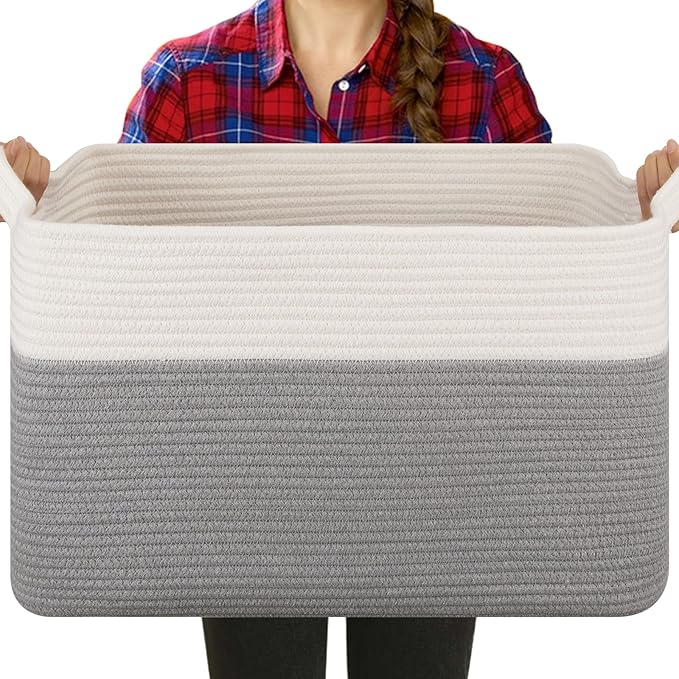 Blanket Basket for Living Room, Cotton Rope Basket for Storage, Toy Baskets Bin for kids, Woven Baskets with Handles for Clothes, Towels, Pillows, 20" x 16" x 12", Grey and White