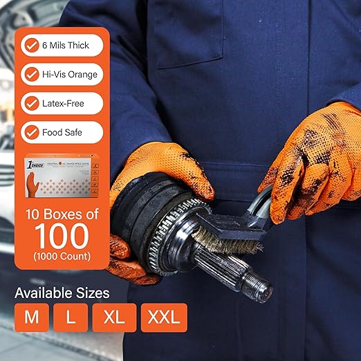 1st Choice 6 mil Orange Gloves, Disposable, Latex Free, Raised Diamond Grip, Mechanic Glove for Men, Medium, Case of 1000