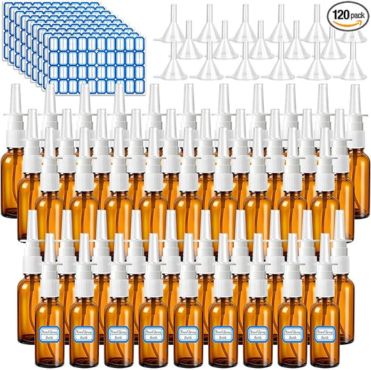 120 Pcs Nasal Spray Bottle, 1OZ/30ML Brown Refillable Empty Nasal Spray Bottles Glass with 24 Funnels and 24 Labels