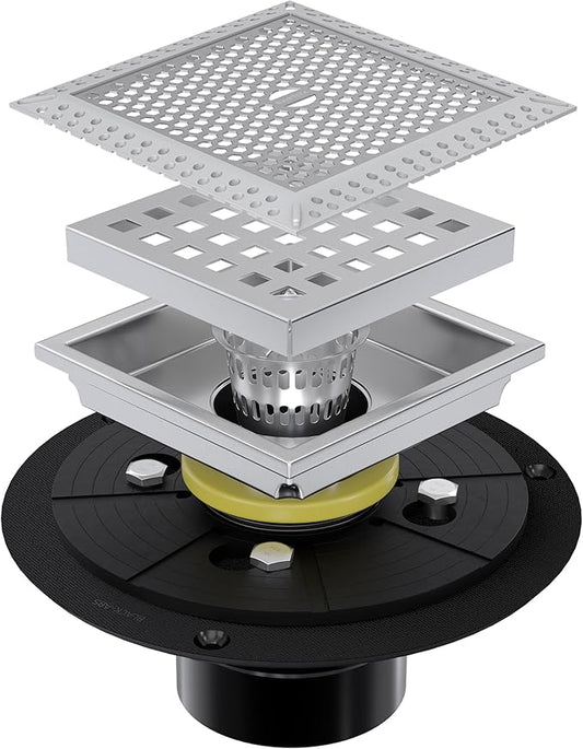 4 Inch Brushed Nickel Square Shower Drain Kit with Flange,Modern Floor Drain with Removable Quadrato Pattern Grate,Stainless Steel SUS 304