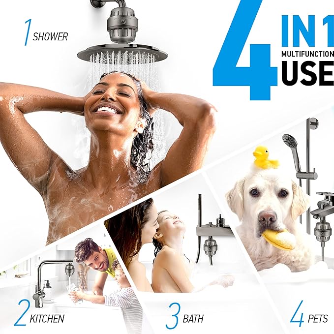 AquaHomeGroup 20 Stage Shower Head Filter with Vitamin C E A for - High Output Filter to Remove Chlorine and Fluoride - 2 Replacement Cartridges - Consistent Flow Showerhead Filter
