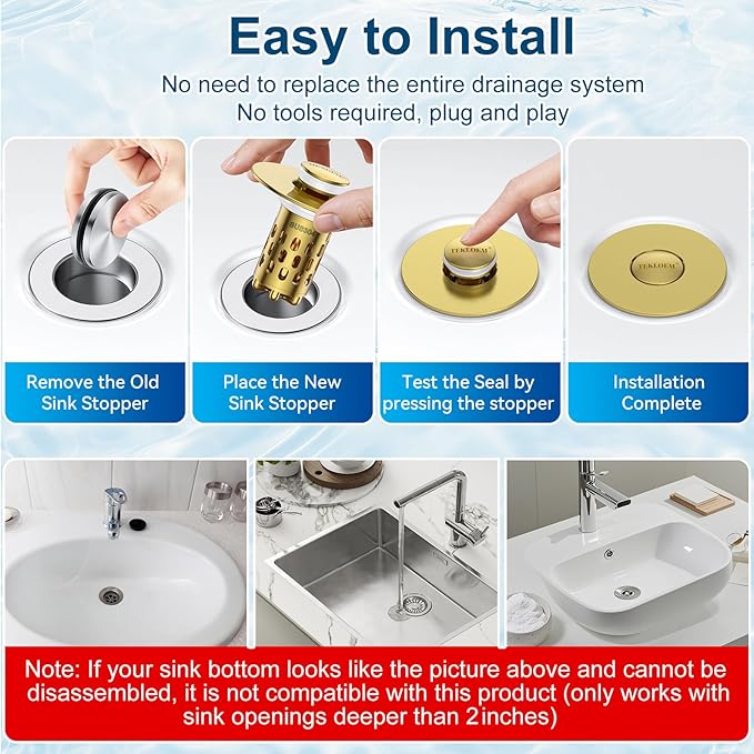 Bathroom Sink Stopper,All Metal Pop-Up Sink Drain Strainer with Removable Stainless Steel Filter Basket, Universal Bathroom Hair Catcher Fit for 1.1-2.36'' Drain (Gold, 1 Pack)