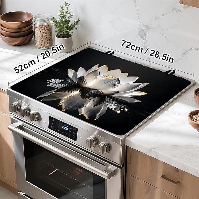 Stove Top Cover Flower Gas Stove Top Cover for Home Decoration Kitchen Pad Non-Stick Washable Cooktop Covers Countertop Protector Keep Stove Clean (White lotus, 28L"x20W")
