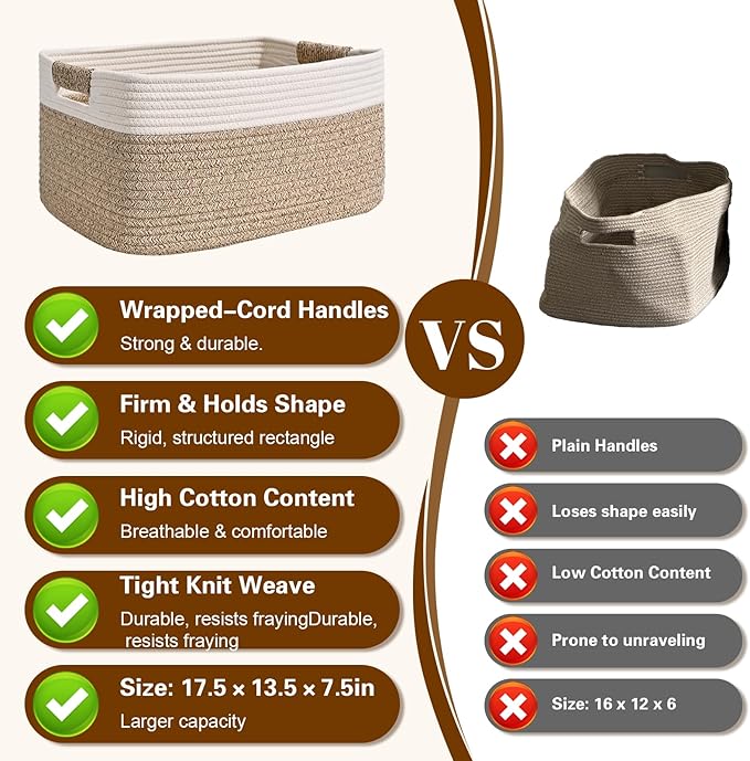 3 Pack Large Storage Basket for Organizing, 17.5"x13"x7" Woven Basket for Shelves, Closet Cube Storage Bins with Wrapped Handle, Cotton Rope Baskets for Kitchen, Clothes, Toys(Off White & Brown)