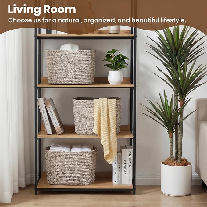 Storage Baskets for Organizing, 14 x 10 x 9” Closet Shelf Woven Baskets, Square Bins with Handles, Cotton Rope Basket for Toys, Clothes, Office, Room, Brown 3 Pack
