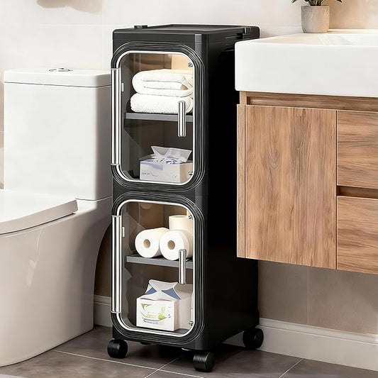 2-Tier Slim Narrow Storage Cabinet with Adjustable Shelves and Movable Wheels, Anti-Tip, Bathroom Storage and Organizers for Small Space, Bathroom, Kitchen, Laundry, Black