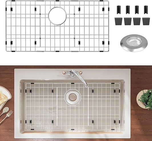 Stainless Steel Sink Protector 28-3/8" x 14-3/16" with Rear Drain, Metal Sink Rack for Bottom of Sink, Kitchen Sink Grate and Sink Protectors with Sink Strainer (28-3/8" x 14-3/16" - Rear Drain)