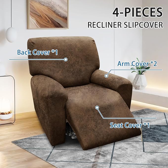 Chair Covers 4-Pieces Recliner Chair Covers 1 Seater Cover for Recliner Chair Leather Look Recliner Slipcovers with Pockets Spandex Fabric Furniture Covers(Recliner, Brown)