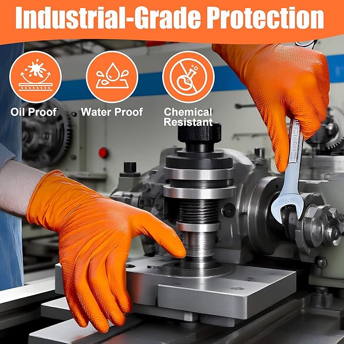 TREEGO 10 Mil Orange Nitrile Gloves Heavy Duty — High-Visibility Diamond Texture Grip, Latex Free Disposable Mechanic Rubber Gloves, XLarge, 100 Count