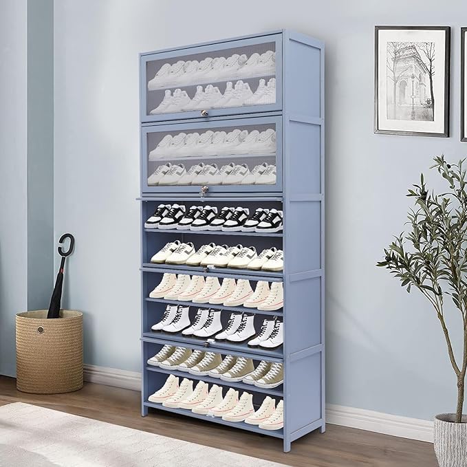 10 Tiers Shoe Rack, Bamboo Shoe Cabinet with Flip Doors Freestanding Shoe Shelf Storage Organizer for Closet, 40-45 Pairs Large Capacity Shoe Storage Cabinet for Closet, Hallway (Grayish Blue)