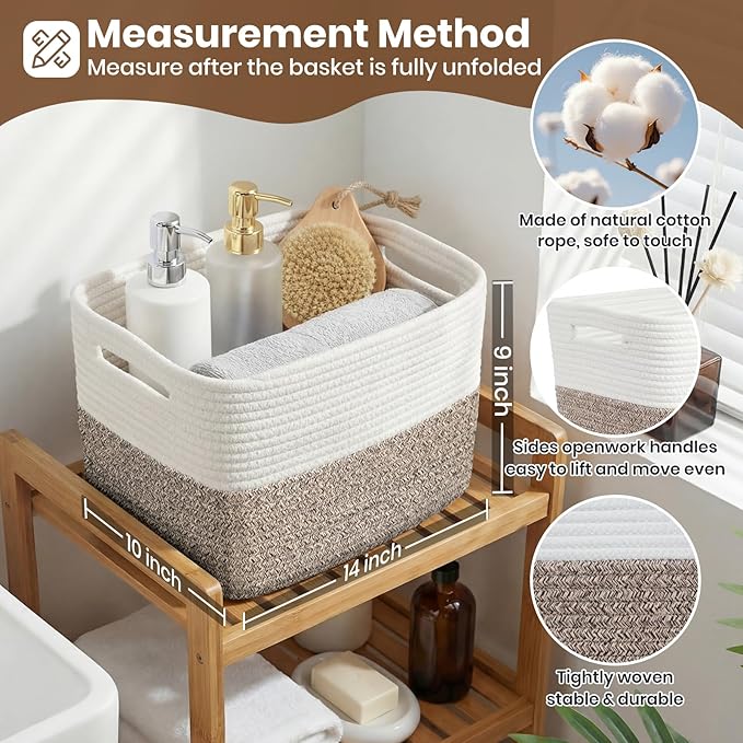 Storage Baskets for Organizing, 14 x 10 x 9” Closet Shelf Woven Baskets, Square Bins with Handles, Cotton Rope Basket for Toys, Clothes, Office, Room, White+Dark brown 3 Pack