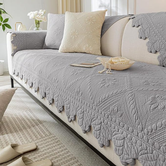 Cotton Quilted Dog Couch Cover for Sofa Farmhouse Rustic Embroidery Sectional Couch Cover Soft Anti-Slip Sofa Slipcover Furniture Protector for Kids, Pets (Grey,28"x28")