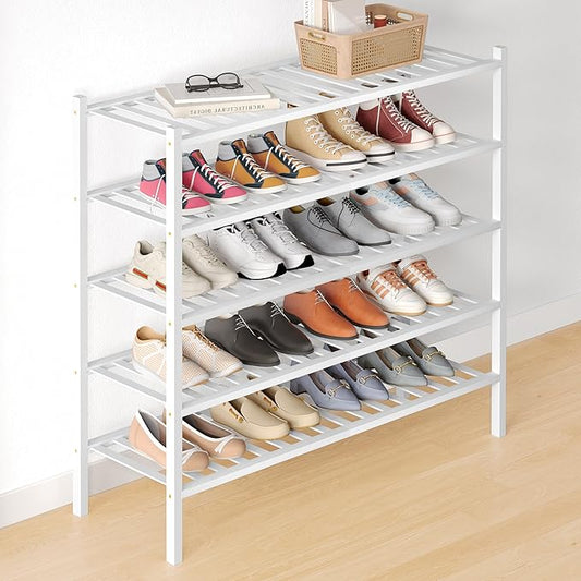 Smiry Bamboo Shoe Rack for Closet, 5 Tier Long Wooden Stackable Shoe Organizer, Free Standing Shoes Storage Shelf for Entryway, Front Door Entrance, White