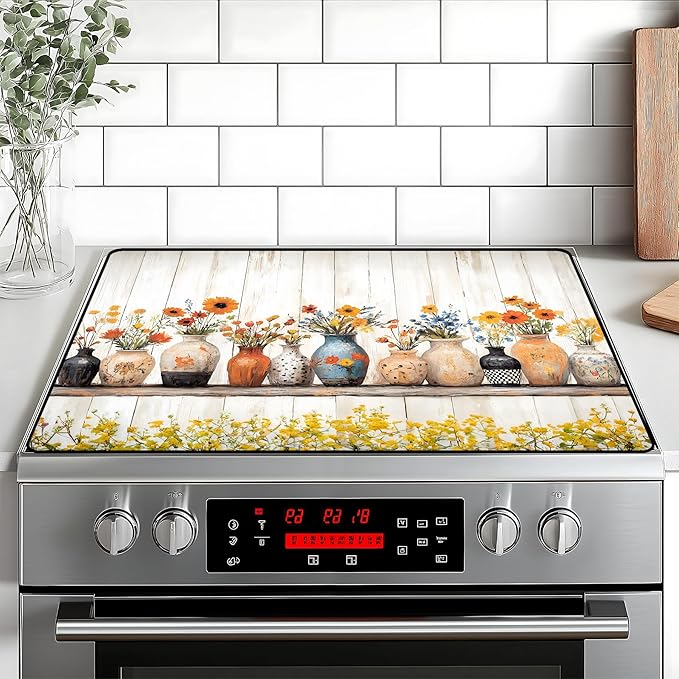 Stove Top Cover Retro Flower Gas Stove Top Cover for Home Decoration Kitchen Pad Non-Stick Washable Cooktop Covers Countertop Protector Keep Stove Clean 28"x20" (Vase)
