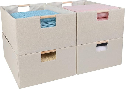 ANMINY 4PCS Storage Baskets for Organizing Collapsible Fabric Storage Bins Boxes with Wood Handles Closet Shelves Cube Organizer Bins Clothes Laundry Storage Container - Medium, Beige