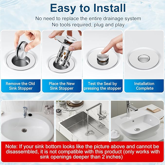 Bathroom Sink Stopper,All Metal Pop-Up Sink Drain Strainer with Removable Stainless Steel Filter Basket, Universal Bathroom Hair Catcher Fit for 1.1-2.36'' Drain (Silver, 1 Pack)