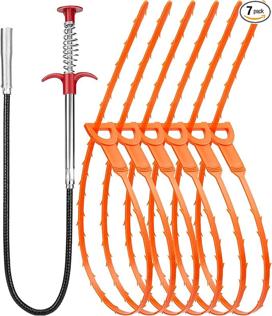 7 Pack Drain Cleaner - 25inch Hair Clog Remover Tool, Sticks To Drain Hair, Sink Snake for Shower, Kitchen Sink, Bath Tub, Bathroom