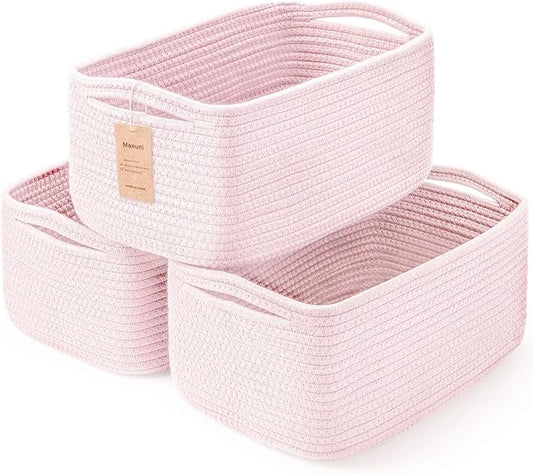 3-Pack Storage Baskets for Organizing | Woven Shelf Toy Basket | Rope Baskets for Gifts Empty | Closet Organizer Bins with Handles | Cube Decorative Box | 13.7×7.1×6.7” | Mixed Pink