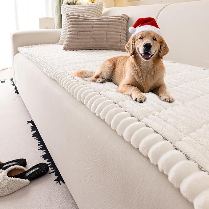 Couch Cover for Dogs Washable,Non Slip Fuzzy Durable Couch Covers for 3 Cushion Sofa Pet Friendly Sofa Cover Dog Thick Soft Slipcovers Protector Couches Mat Bed (White, 27.6"x82.7"/70x210cm)