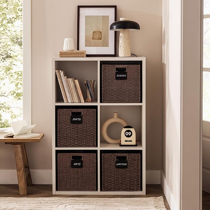 UBBCARE 2 Pack Wicker Basket, 13×13 Storage Cubes with Label, Foldable Cube Storage Bin with Handle, Square Storage Basket for Shelves, Woven Paper Rope Basket for Organizing, Brown