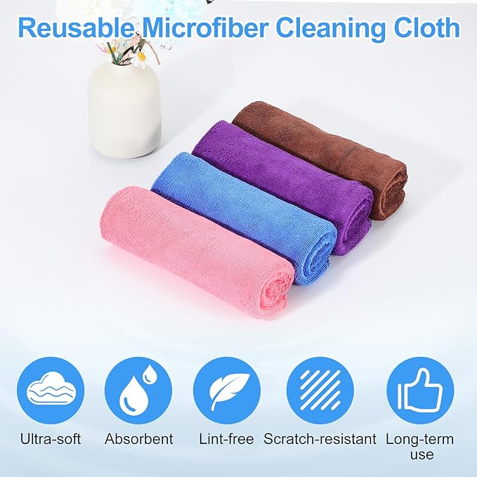 HARFINGTON 4 Pack Microfiber Cleaning Cloth, 20" x 10" Multi-Functional Cleaning Towels Reusable Absorbent Rags for Car Wash Kitchen Household Window Clean, Purple