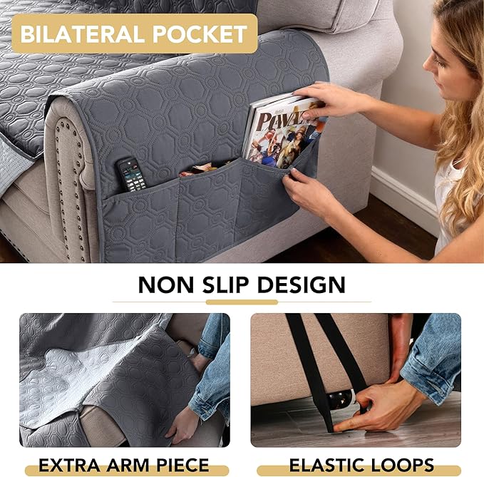 H.VERSAILTEX 100% Waterproof Sofa Covers for 2 Cushion Couch Triple Non-Slip Loveseat Covers with Storage Pocket Washable Couch Protector for Dogs(Loveseat, Grey)