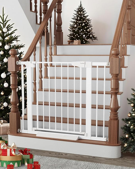 Cumbor 29.7-40.6" Baby Gate for Stairs, Mom's Choice Awards Winner-Dog Gate for Doorways, Pressure Mounted Auto-Close Pet Gates for Dogs Indoor, Safety Child Gate with Easy Walk Thru Door, White