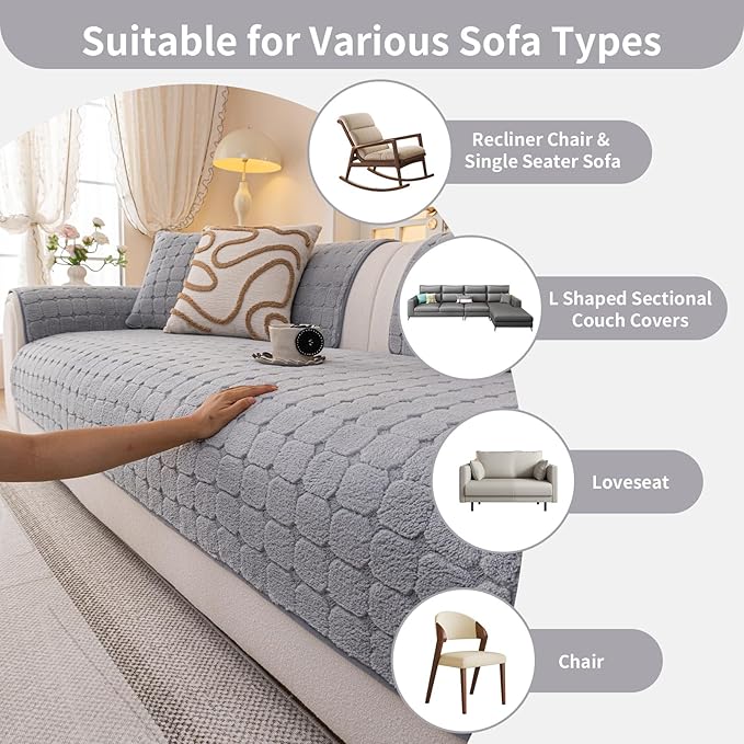 Velvet Sofa Covers Washable, Plush Warm Couch Cover for Loveseat, Funny Fuzzy Couch Covers for Pets&Kids, Non-Slip Sectional Sofa Cover(1PC, Light Grey, 35.4"×47.2", Loveseat)